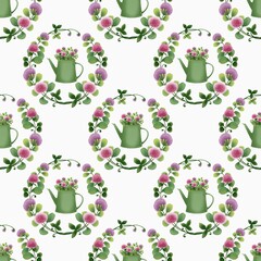Seamless floral pattern with clover wreaths and green watering cans filled with pink blossoms. Fresh spring illustration inspired by St.Patrick&rsquo;s Day, perfect for textiles, wrapping paper, stationery 