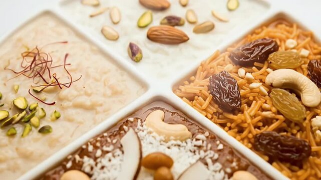 This overhead close-up shot showcases a delightful assortment of traditional sweet dishes presented elegantly in a segmented white platter. Each section features a unique, creamy dessert, lavishly gar
