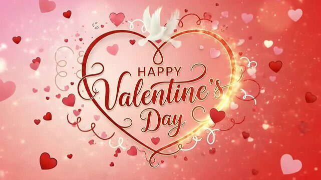 This video features a vibrant and heartwarming animated greeting centered around a large, glowing red heart outline. Inside, elegant script text proclaims a joyful romantic message, surrounded by an a