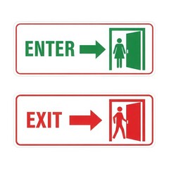 Clear and distinct enter and exit signs with directional arrows and figures