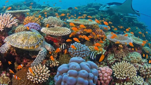 Vibrant underwater scene with a green sea turtle swimming gracefully among colorful coral reef and schooling tropical fish in clear blue ocean water, depicting a lively and thriving marine ecosystem.