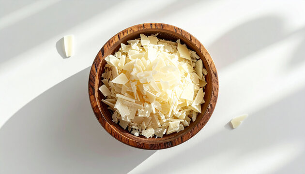 Wooden bowl filled with soy wax flakes, white background, natural candle wax for handmade candles