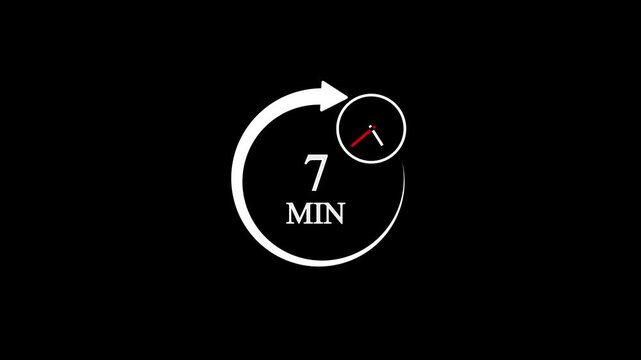 7 Minutes Clock Animation with Circular Arrow Loop and Black Background for Time Management and Deadlines.Animation video timer icon with seven min. timer 7 minutes countdown icon.