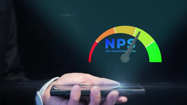 Person clicks smartphone revealing NPS scale showing good or excellent net promoter score result. Customer satisfaction feedback evaluation. Animation