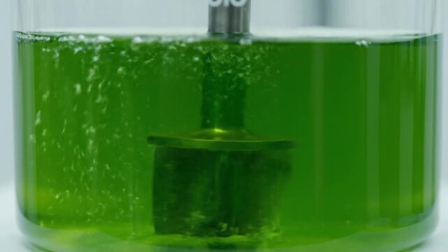 Laboratory Glass Bioreactor with Stirring Green Algae Culture Liquid