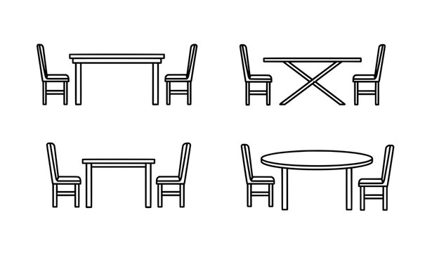 Black thin line table icon set vector with folding and round tables