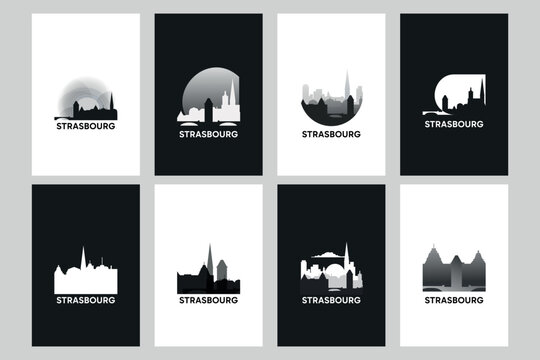 Strasbourg skyline vector logos, icon set. Pack of cityscape contour, abstract silhouettes series. Isolated graphic collection for France city