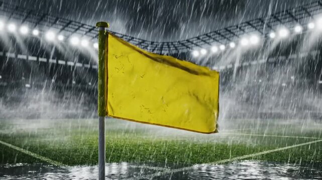 A yellow flag on a pole stands in the middle of a wet soccer field with stadium lights on in the background during a heavy rainstorm
