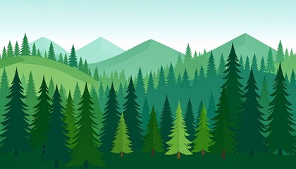 Fototapeta premium Lush green pine forest landscape with misty mountains and clear sky scenic view