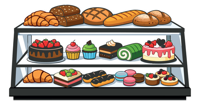 Colorful line art bakery display set featuring various breads, cakes, pastries and desserts for sweet treat advertisements