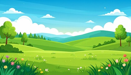 Obraz premium Vibrant green meadow with wildflowers and trees under sunny blue sky landscape