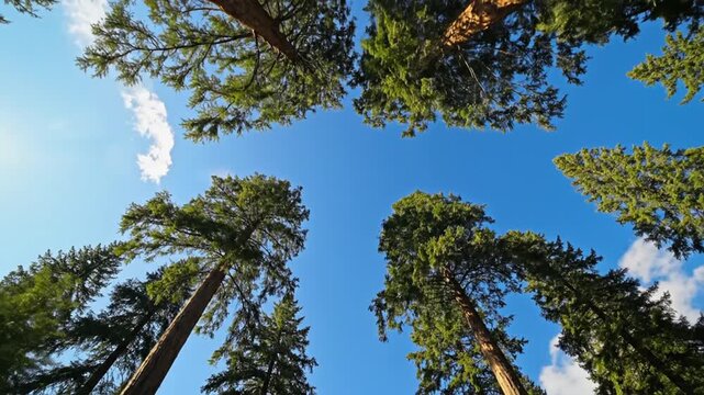 Tall trees reach skyward under bright blue skies and sunlight