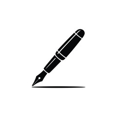 A black fountain pen nib writing on a white background with a subtle shadow underneath