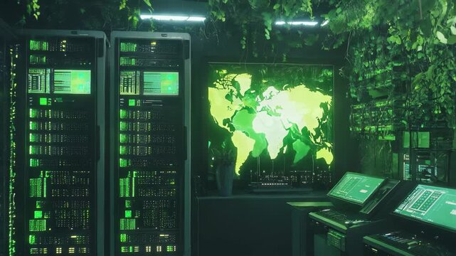 Data processing and ecological balance in a modern server room with green elements, data processing and ecology icons over server room