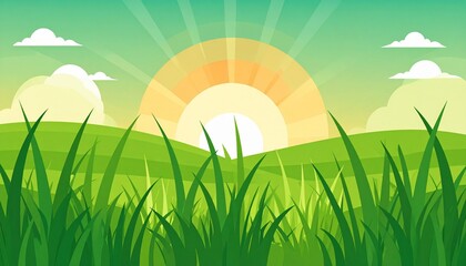 Obraz premium Golden sunrise over green wheat field with dramatic sky and warm light landscape