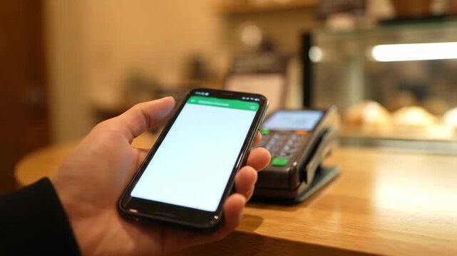 Man using a smartphone for a contactless payment at a shop counter.