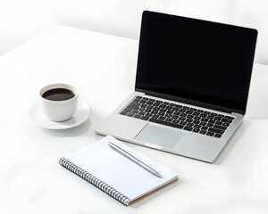 laptop and cup of coffeeon white Background