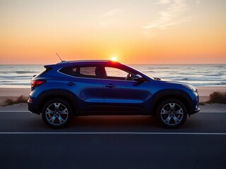 Naklejka premium Shiny blue compact SUV on a beach road at sunset, perfect for summer road trips, road trip, road