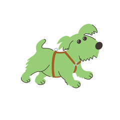 A charming green puppy wears an anatomical harness. Accessories and care for beloved animals. Dog character is perfect for pet store, children’s designs, stickers, branding, and social media content.