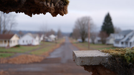 Fototapeta premium View through an opening with the edge of a concrete slab onto a distant village road and houses in perspective, autumn mood.