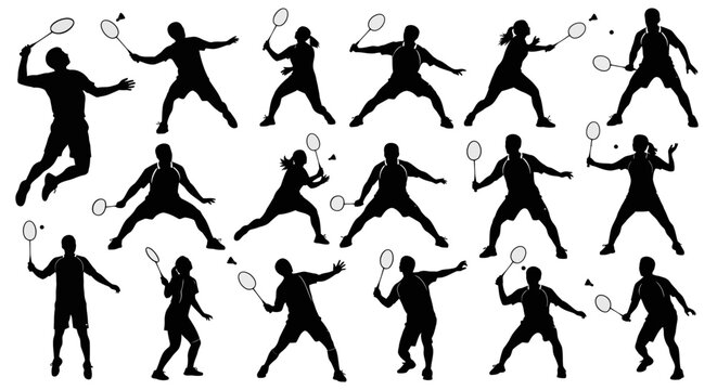 Badminton players vector silhouettes set, male and female athletes in various action poses with rackets and shuttlecocks, isolated on white