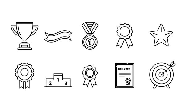 Award and success line icon set vector with trophies, medals, and goals isolated on white