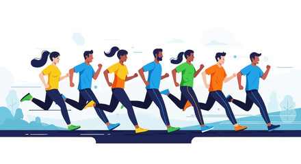 Obraz premium Diverse group of men and women running in a marathon or race, vector illustration for fitness, sport, health, and teamwork concepts