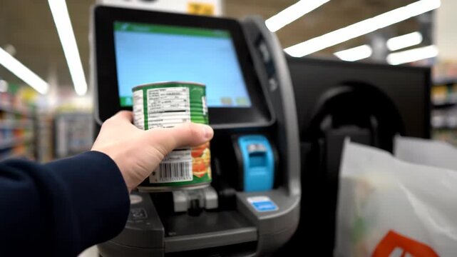 Person Scanning Items and Paying at a Grocery Store Self Checkout.