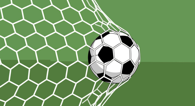 Soccer ball hitting goal net, vector illustration on green background. Football game action, scoring a goal, sports event graphic.
