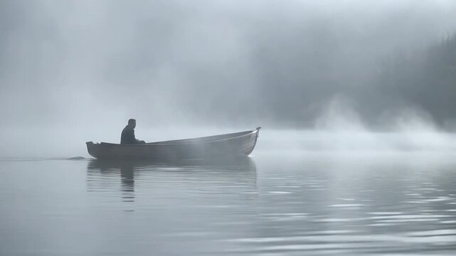 A person sits in a small boat on a misty lake, surrounded by fog in the early morning. The scene shows still water reflecting the foggy atmosphere