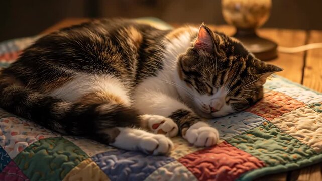 A domestic cat sleeps soundly on a colorful quilted blanket