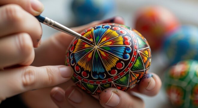 Hands painting traditional ukrainian pysanky easter egg design