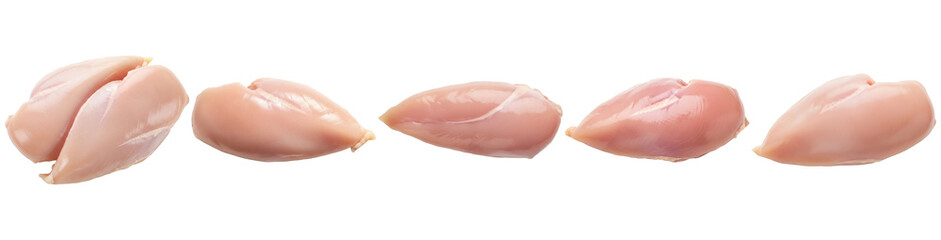 fresh, uncooked chicken breasts, boneless and skinless, neatly arranged against a dark background, perfect for culinary use. © LanscapePNG