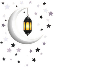 Crescent moon with hanging lantern surrounded by stars on white isolated on transparent background