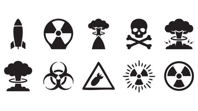 Vector set of missile, nuclear explosion, radiation, biohazard, and skull and crossbones symbols