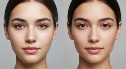 Woman face showing digital enhancement before and after comparison