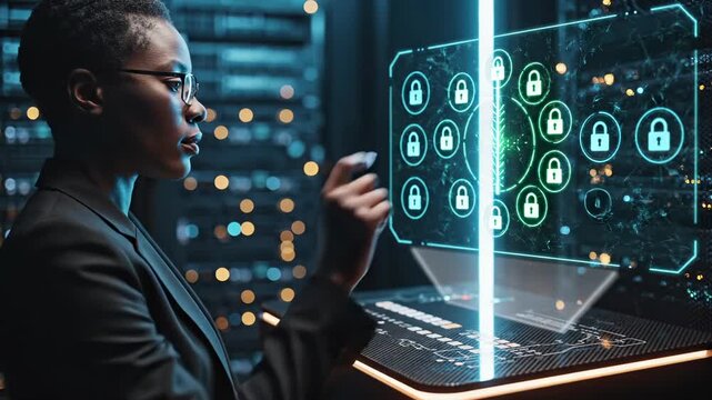 Businesswoman touches holographic security interface with padlock icons for cybersecurity. Female specialist interacts with digital lock hologram for data protection. Businesswoman uses security inter