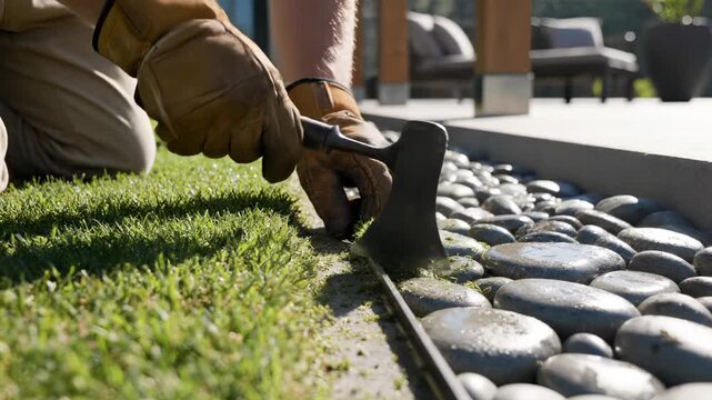 Gardener trims grass edge near grey stones. Worker hands in gloves cutting lawn border. Landscaper edging green grass in garden. Gardener maintenance work on lawn. Man trimming grass border carefully.