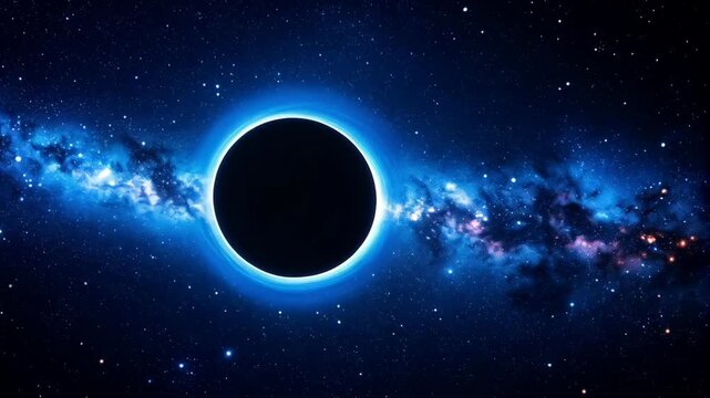 Rotating black hole in deep space, viewed with light bending from accretion disk, cosmic singularity and space time distortion.
