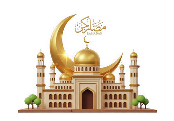 Golden mosque with crescent moon and stars on transparent background for ramadan