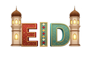 Eid mubarak festive greeting with colorful letters and mosque towers isolated on transparent background