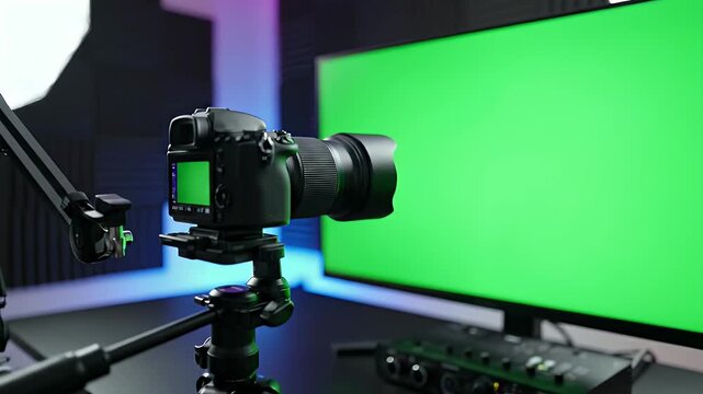 Professional setup with camera on tripod, green screen, and audio interface