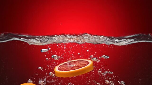 Vibrant red citrus slice dynamically plunges into clear water, creating an exhilarating splash and effervescent bubbles, embodying freshness and invigorating motion