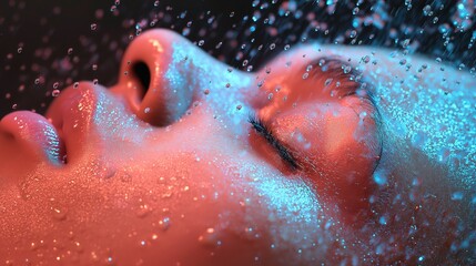 Fototapeta premium Close-up of woman’s face submerged in water with colorful lighting 