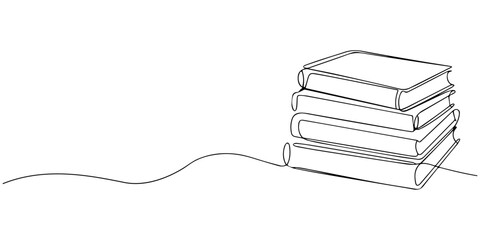 Continuous one line drawing of a diverse collection of books on a shelf, upright and leaning, representing education, knowledge, and literary wisdom. © JCS Graphic Design 