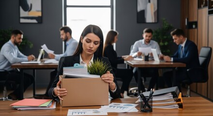 Fototapeta premium Professional woman sadly packs personal belongings into a box during an office layoff while busy colleagues work in the background