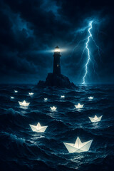 Lighthouse During Thunderstorm with Glowing Paper Boats
