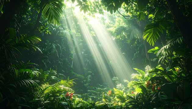 Sunlight filters through dense tropical forest foliage, highlighting lush green plants and trees.