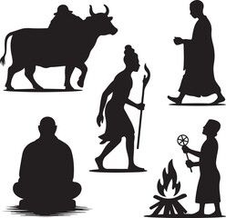 Silhouette of people and a bull in various poses and activities