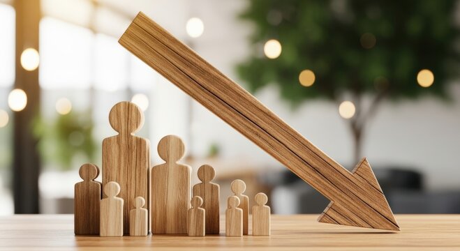 Wooden figures representing people face a workforce reduction as a downward arrow signifies business downturn and employee layoffs